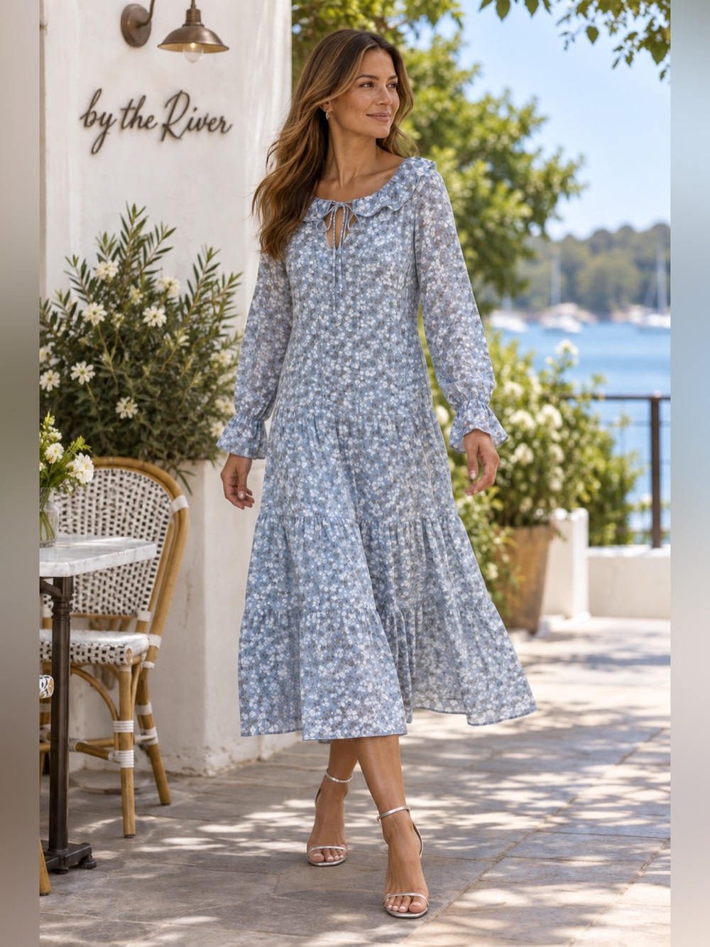 NWT By The RIVER Long Sleeve FLORAL Chiffon MIDI Dress L Women Blue,Size Medium